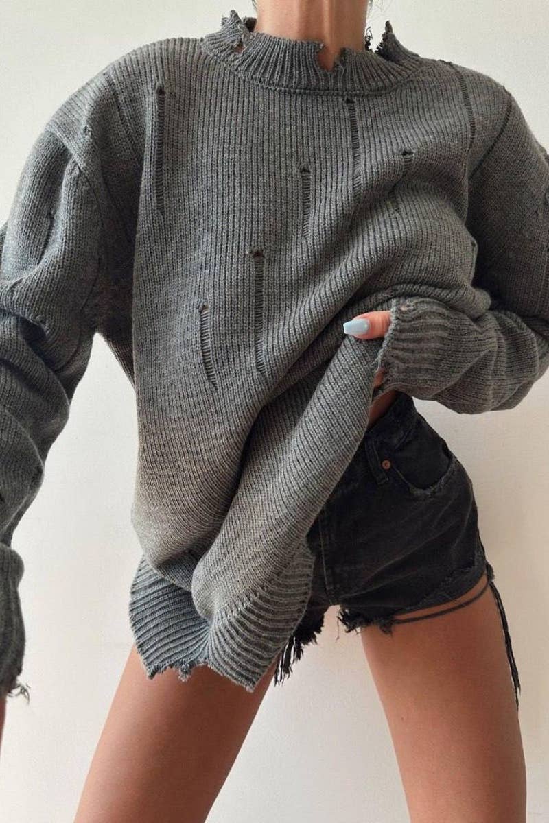 CWOSWL6525_WINTER RIPPED LONG-SLEEVED CREW-NECK SWEATER