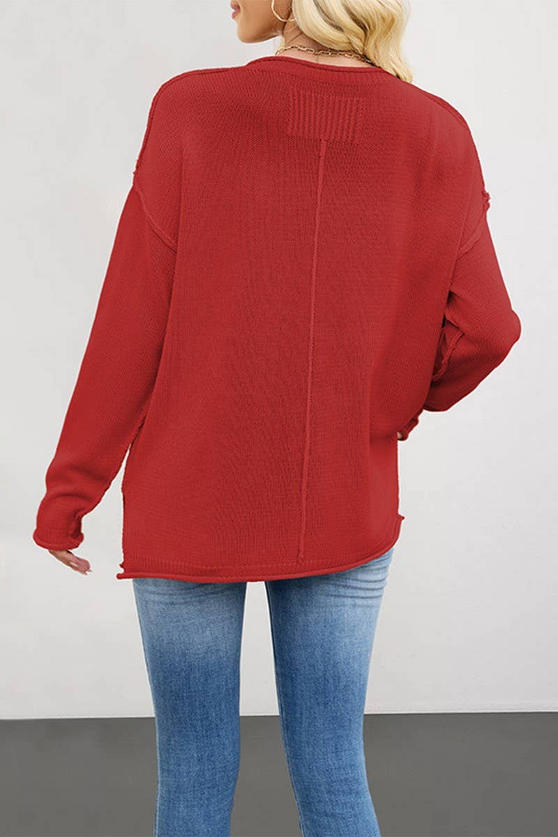 CWOSWL7018_SOLID COLOR ROUND NECK LOOSE PULLOVER SWEATER