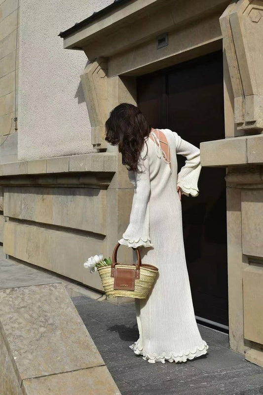 CWDMD4140_PLEATED WAVY EDGE OPEN BACK LONG SLEEVE DRESS