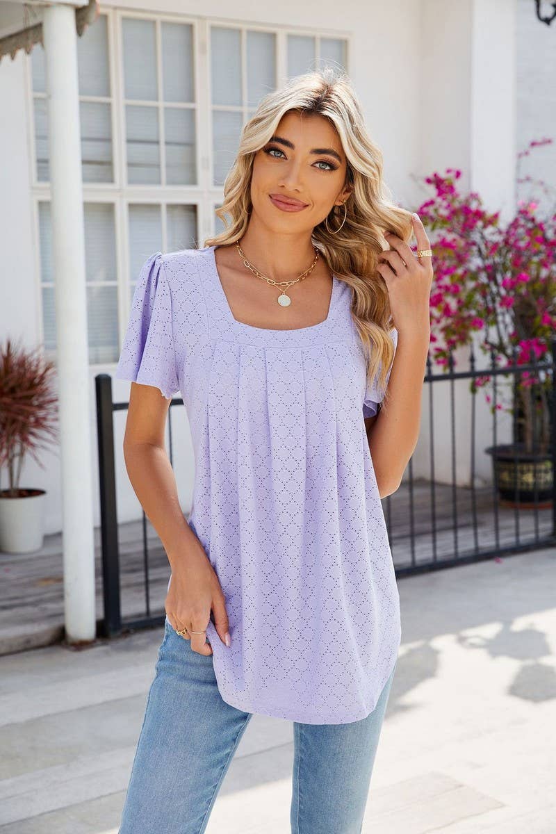 CWTTS0813_Squre Neck Short Ruffle Sleeve Knit Top