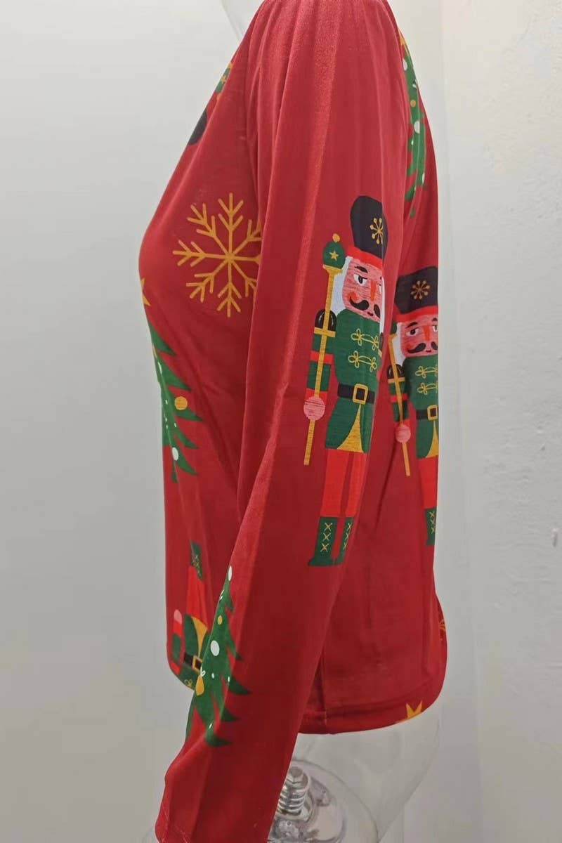 CWTBLL3755_V-NECK CHRISTMAS TREE PRINT LONG SLEEVE TOP
