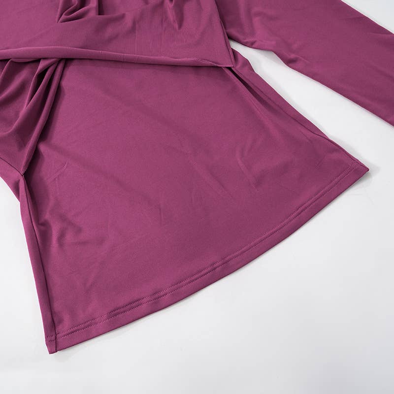 DIAGONAL NECK CROSS PLEATED SOLID COLOR TIGHT TOP