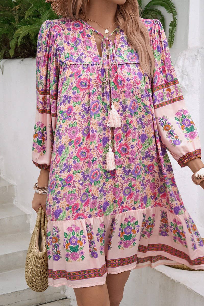 CWDSD8924_SPRING AND SUMMER V-NECK LACE-UP PRINT DRESS