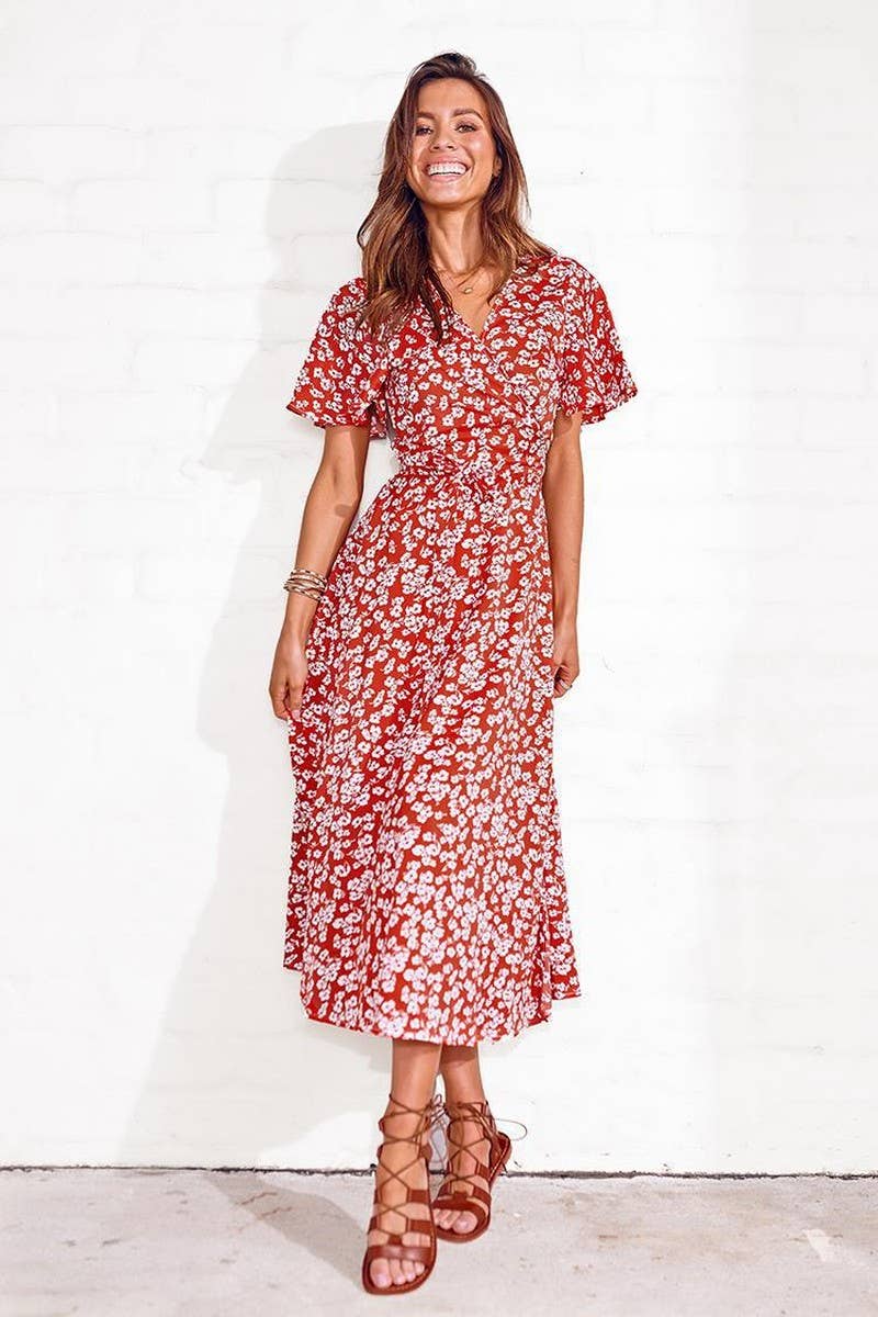 CWDMD4130_PRINTED V-NECK TIE HIGH WAIST MIDI DRESS