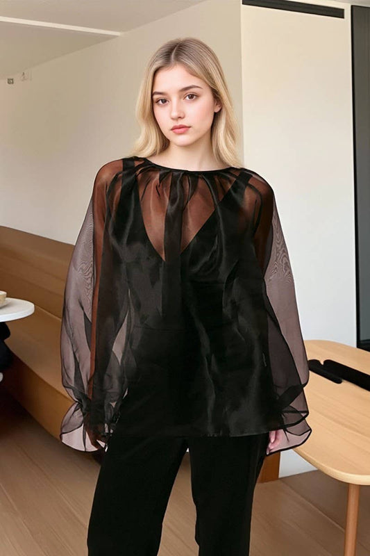 CWTBLL541_BLACK MESH SEE-THROUGH LONG-SLEEVED SHIRT BLOUSE