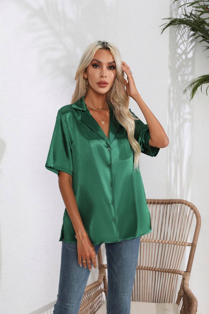 CWTBLS0408_Button Down Silky Satin Short Sleeve Top
