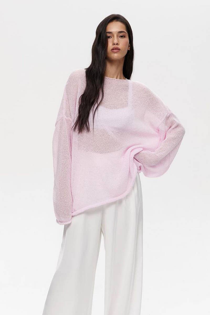 CWTBLL3453_SOLID COLOR SEE-THROUGH LONG-SLEEVED T-SHIRT