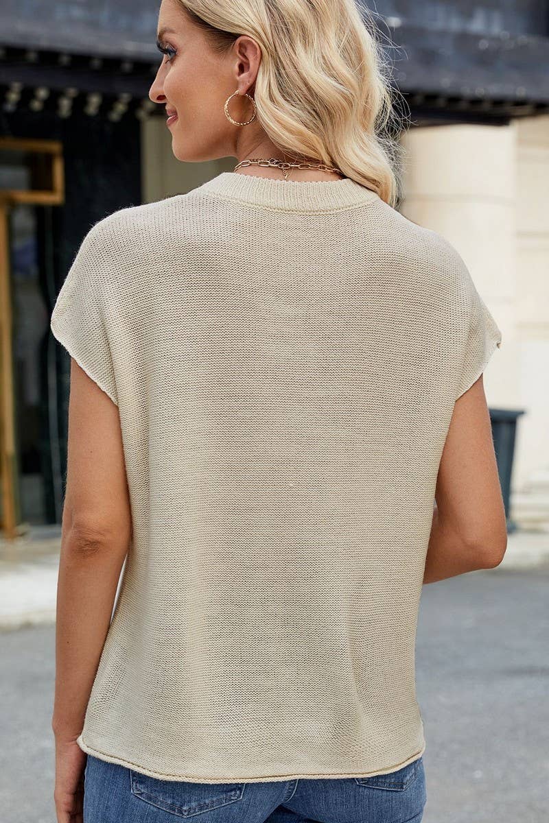 CWTBLS02492_CREW NECK SHORT-SLEEVED KNITTED VEST PULLOVER