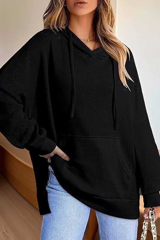 CWOHOL00633_RELAXED WAFFLE KNIT SIDE SLIT HOODED PULLOVER