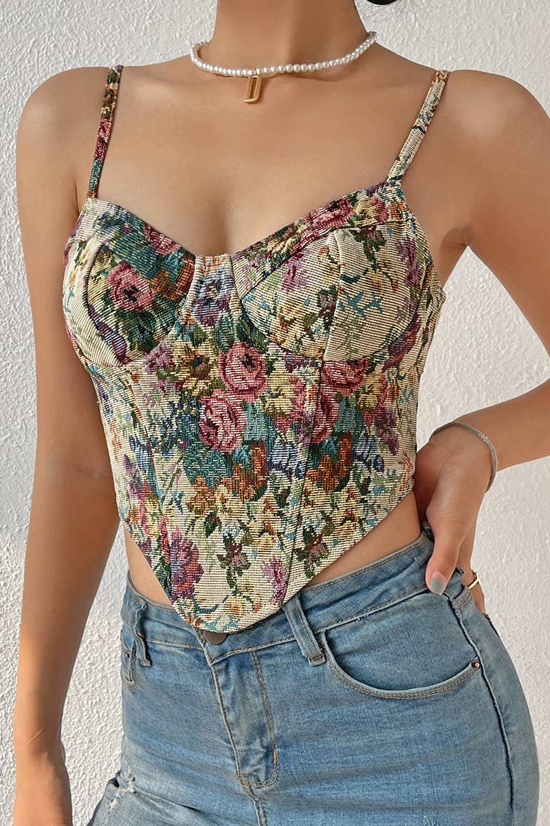 CWTTK0743_VINTAGE FLORAL PRINT HERRINGBONE CAMISOLE