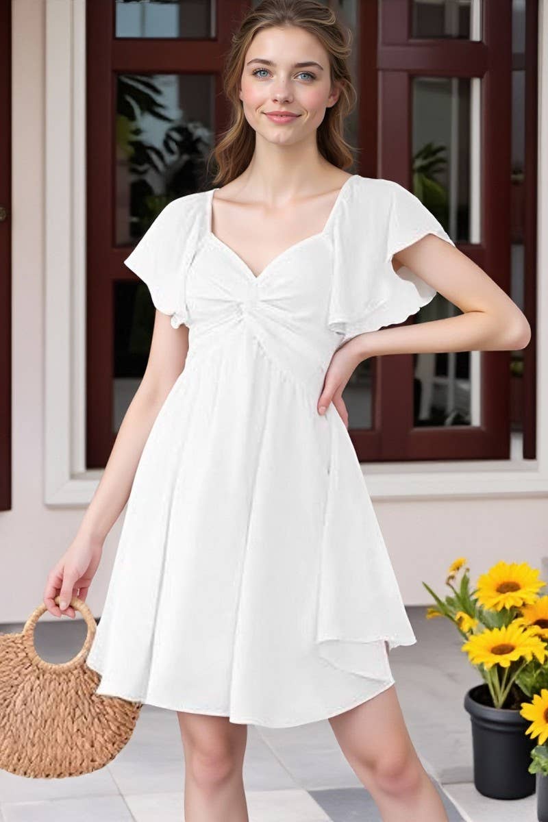 CWDSD10674_V NECK RUCHED WAIST CHIC MINI DRESS