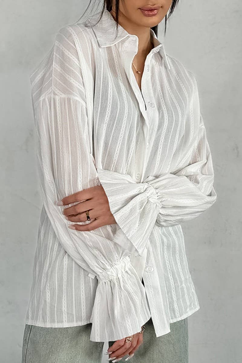 CWTSTL2610_JACQUARD TIE BELL SLEEVE SHIRT TOP