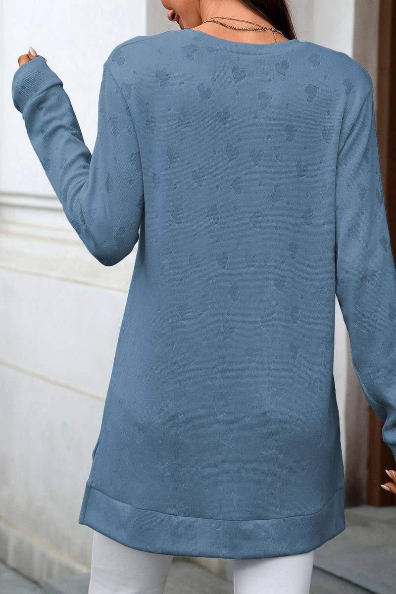 CWTBLL01288_ROUND NECK LONG SLEEVE SLIT SOLID COLOR TOP