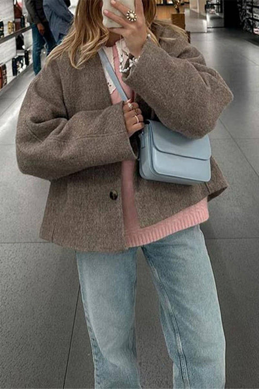 CWOCO0964_V-NECK SINGLE-BREASTED LOOSE SHORT COAT