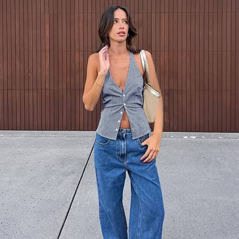 French button-down V-neck checkered halter vest