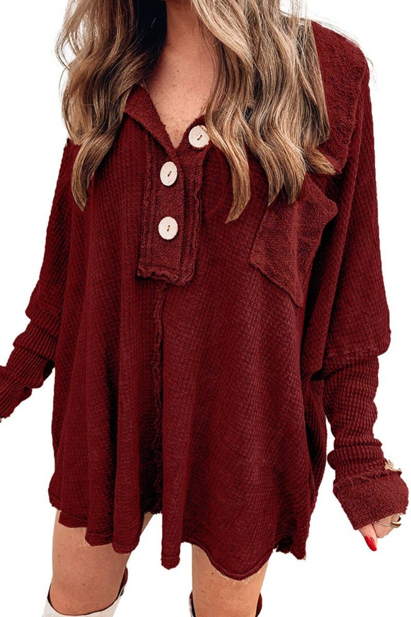 CWOSWL6707_WAFFLE BUTTON POCKET LONG SLEEVE BLOUSE