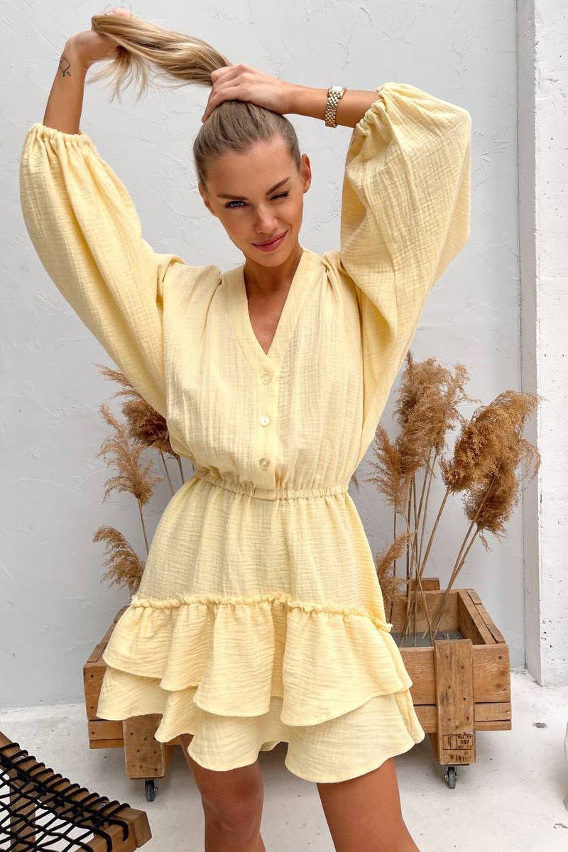 CWDSD8525_SOLID PUFF SLEEVE ELASTIC WAIST DRESS