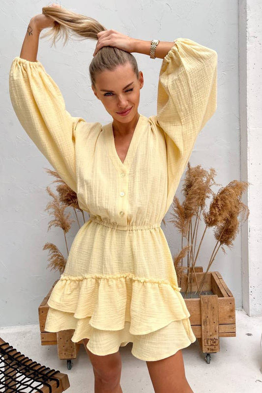 CWDSD8525_SOLID PUFF SLEEVE ELASTIC WAIST DRESS