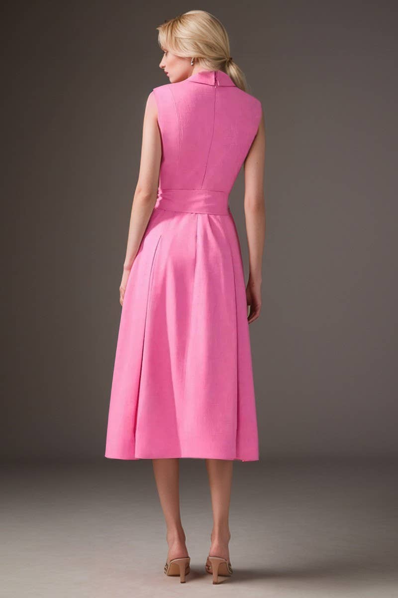 CWTDSSL0019_SLEEVELESS STAND COLLAR BELTED ELEGANT DRESS