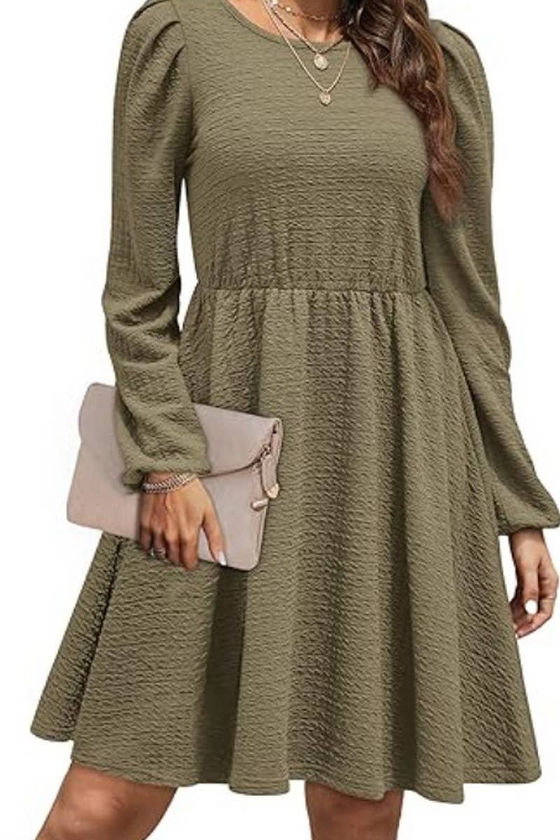CWDSD10646_PUFF SLEEVE ROUND NECK HIGH WAIST DRESS