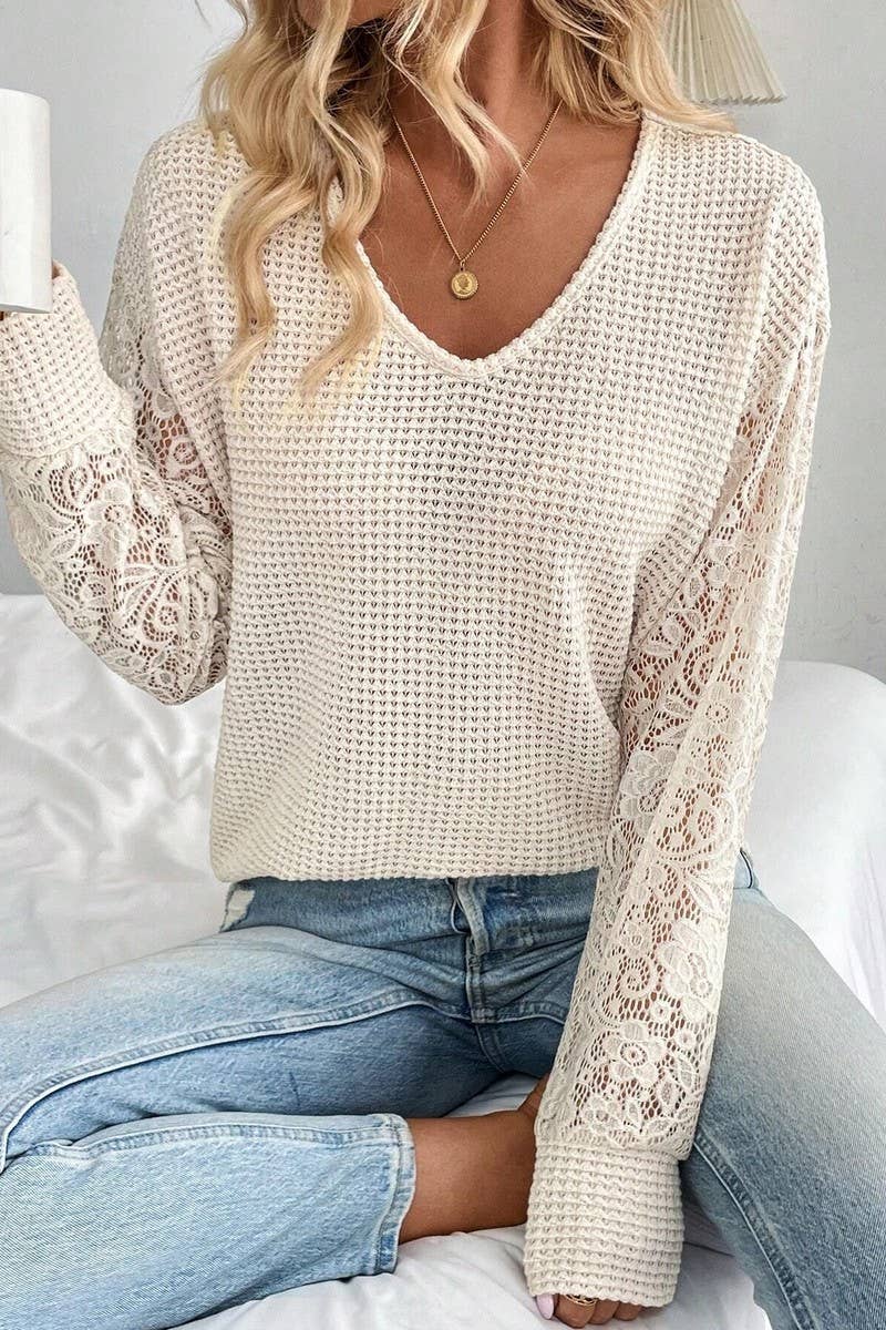 CWTBLL3533_SOLID V-NECK LACE PANEL LONG SLEEVE T-SHIRT TOP