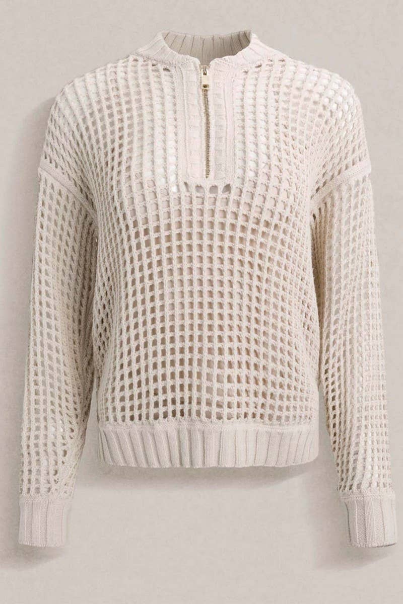 CWOSWL6869_TRENDY ZIP HALF COLLAR HOLLOW OUT KNIT SWEATER