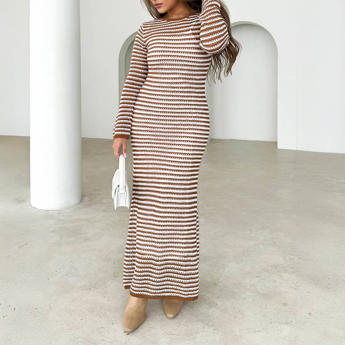 CASUAL COLOR CONTRAST STRIPED SWEATER DRESS