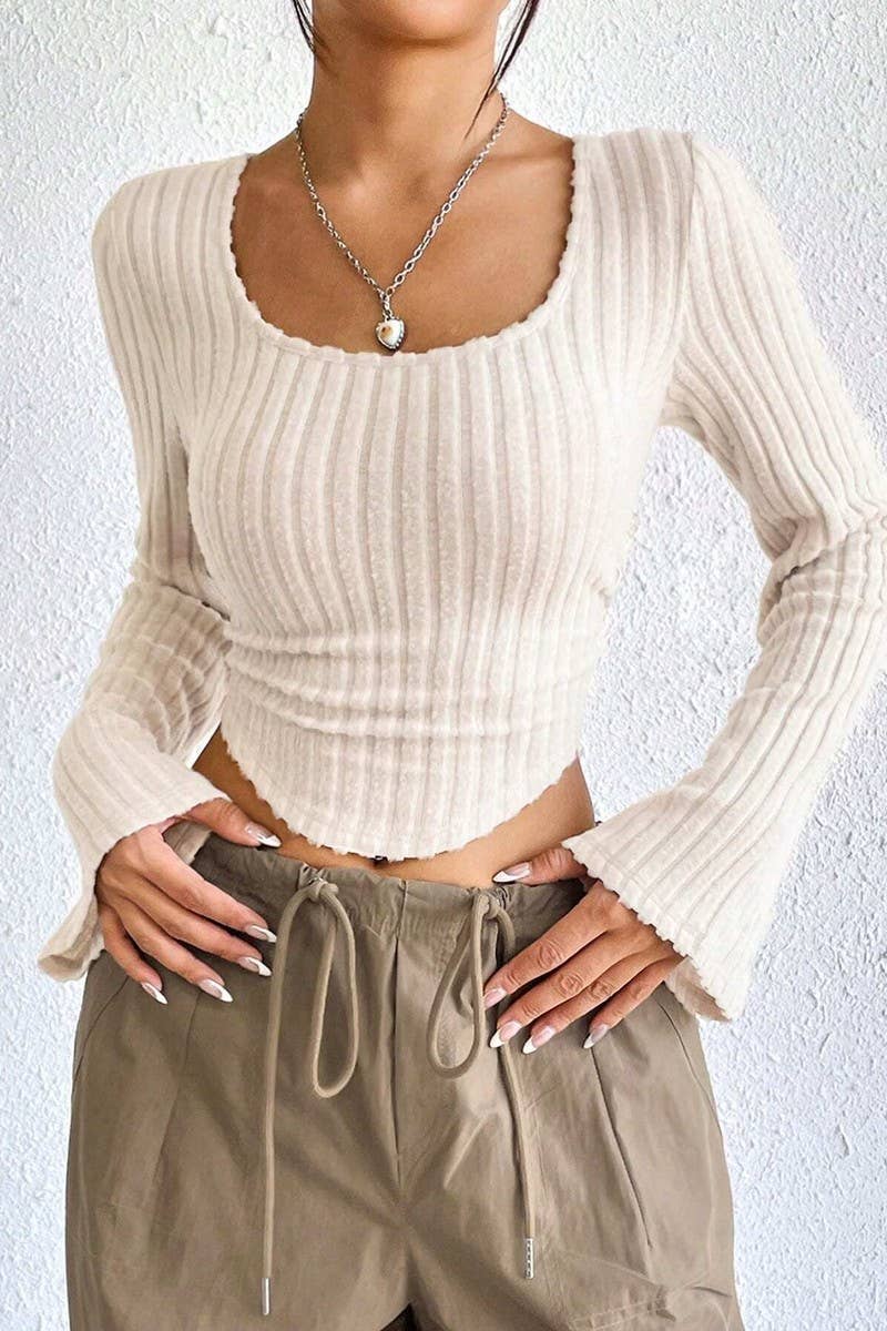 CWTBLL2747_SOLID COLOR SQUARE NECK FLARED LONG SLEEVE TOP