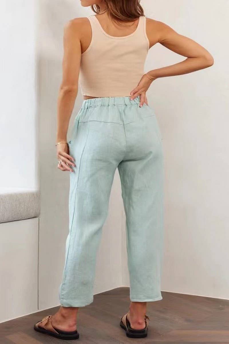 CWBLP01033_LOOSE DRAWSTRING LINEN STRAIGHT CROPPED PANTS