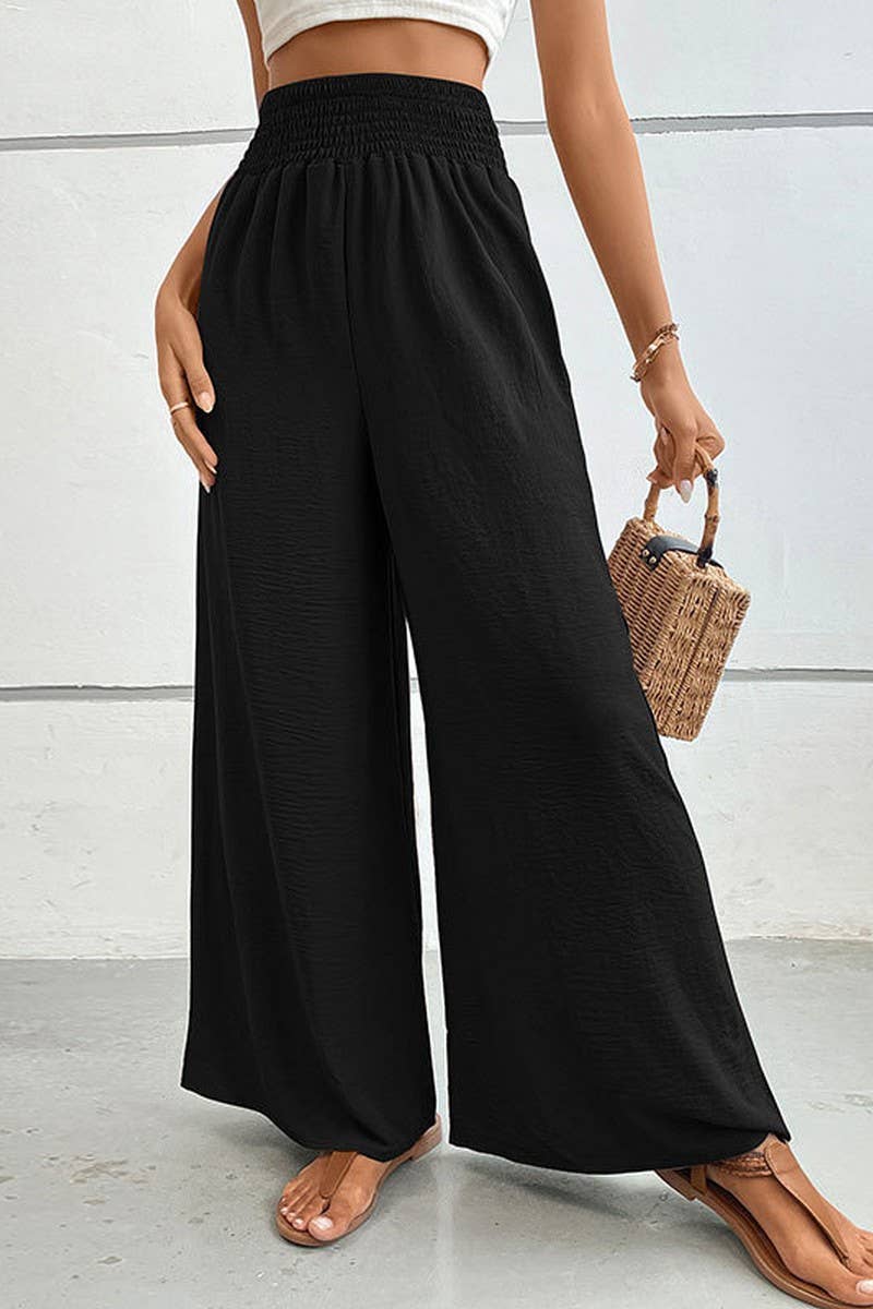 CWBLP00931_HIGH WAIST SOLID ELASTIC WIDE LEG CASUAL PANTS