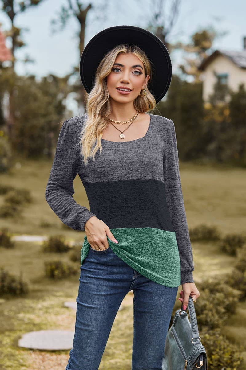 CWTBLL3681_SQUARE NECK PATCHWORK LOOSE LONG SLEEVE T-SHIRT