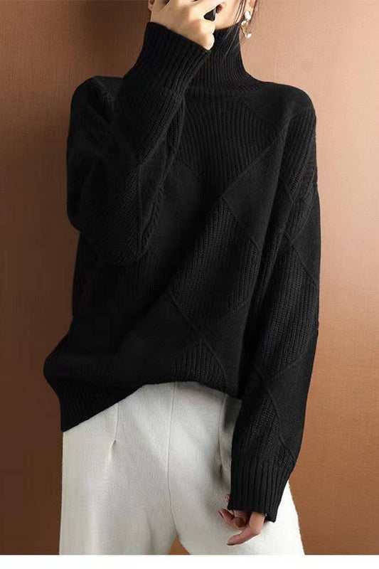 CWOSWL07650_SOLID COLOR HIGH COLLAR DIAMOND CHECK SWEATER