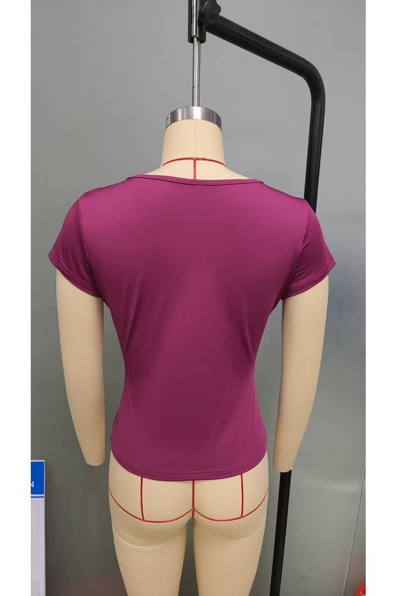 CWTTS00731_2025 SPRING SUMMER WOMEN Y2K V NECK FITTED TSHIR