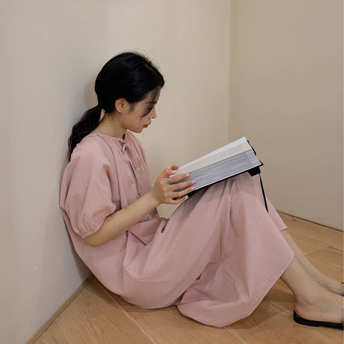 COTTON LACE DESIGN PUFFY SLEEVE DRESS