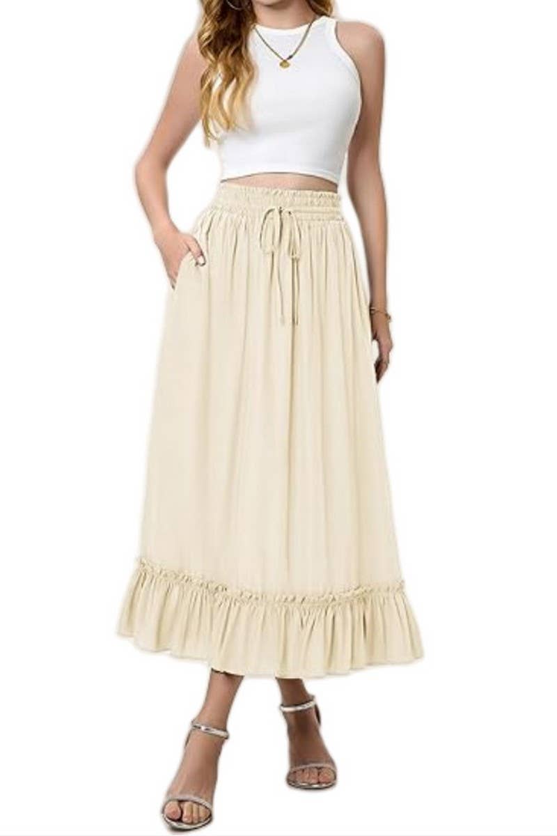 CWBMS0456_DRAWSTRING ELASTIC WAIST LONG SKIRT WITH RUFFLES