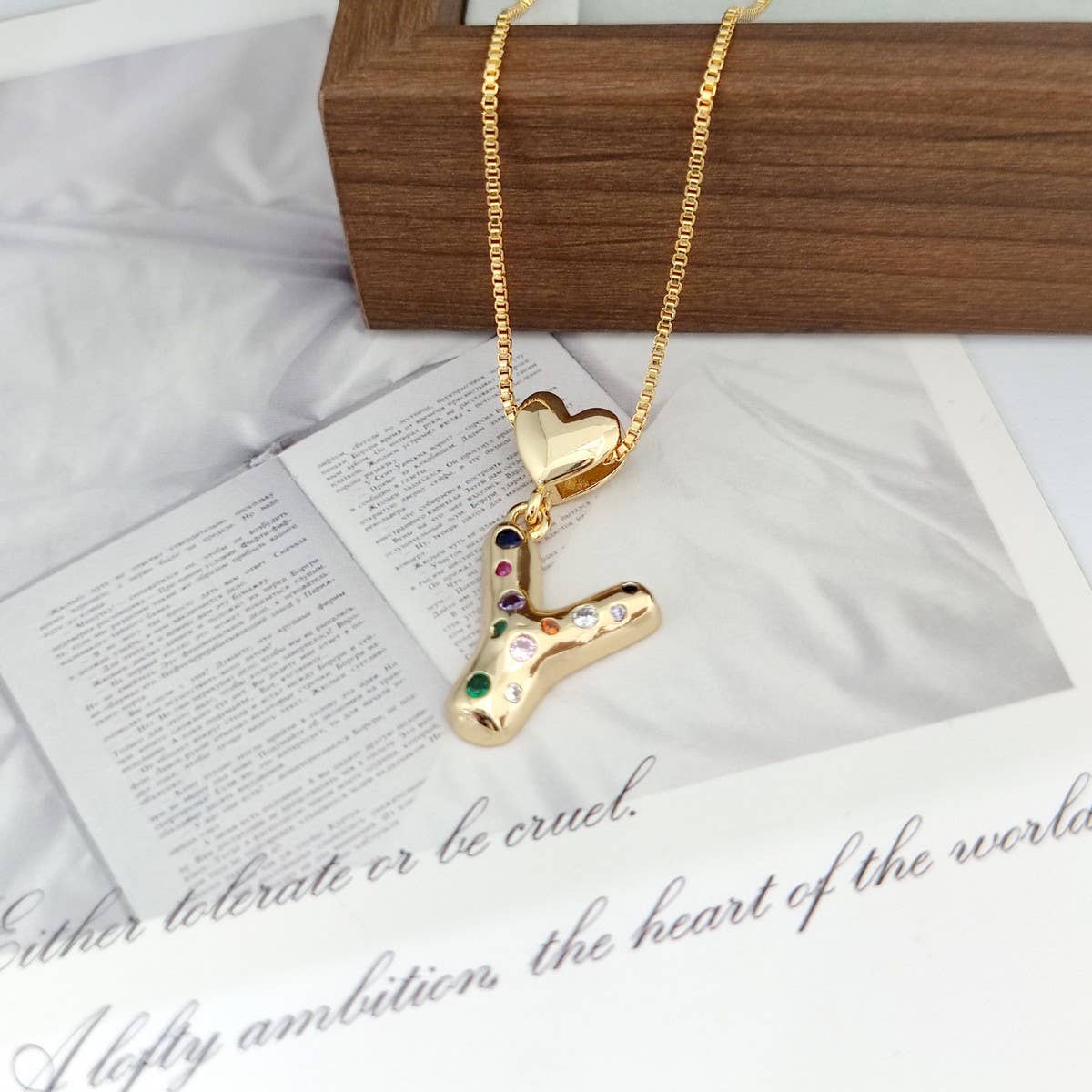 Colorful Zirconia Heart Letter Pendant Necklace