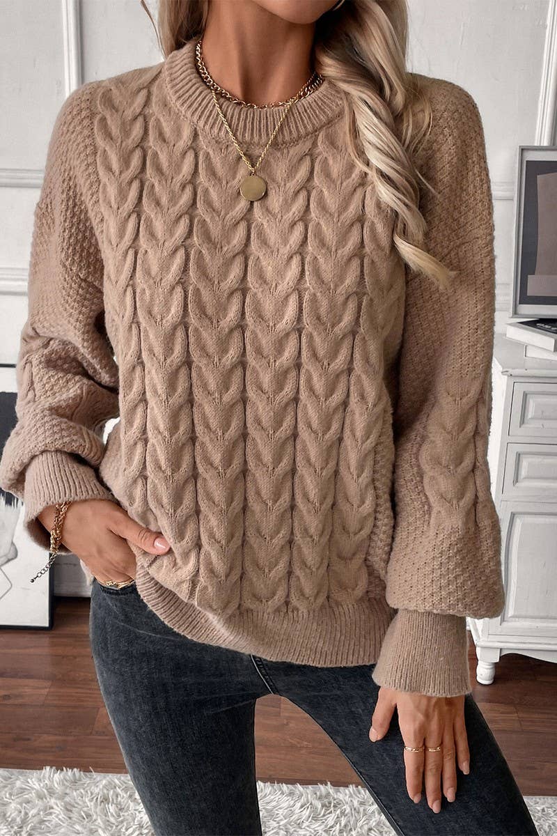 CWOSWL07456_CREW NECK SOLID CABLE KNIT LOOSE SWEATER