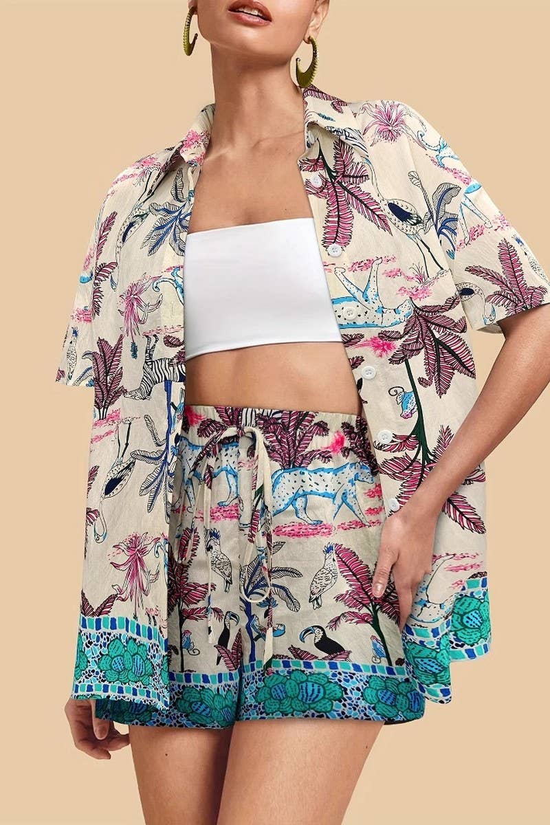 CWSTB2134_BOHO PRINT COLLAR TEE & ELASTIC WAIST SHORTS SET