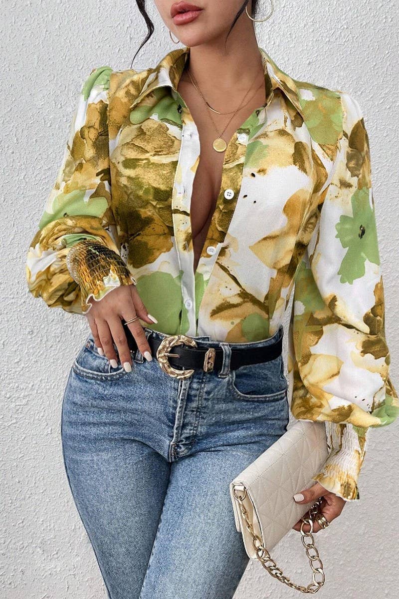 CWTSTL2885_PRINTED COLLARED PUFF SLEEVE LOOSE FIT SHIRT