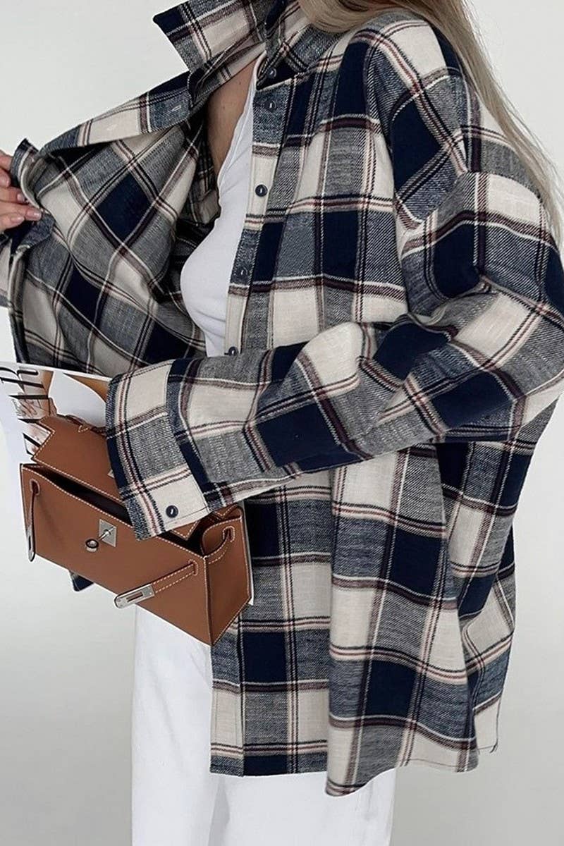 CWTSTL2587_PLAID LONG-SLEEVED LOOSE CASUAL SHIRT