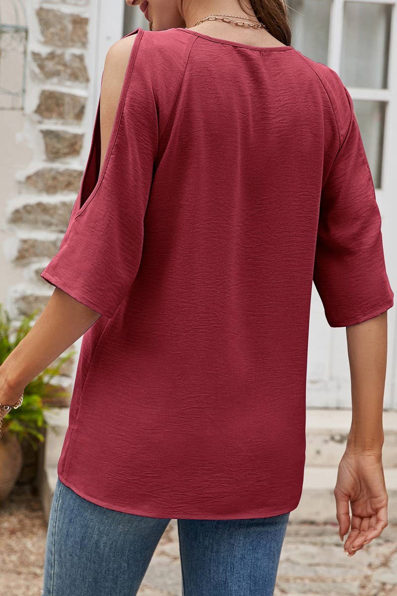 CWTBLS1803_ROUND NECK OFF-SHOULDER SHORT-SLEEVED TOP