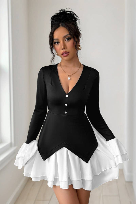 CWDSD8744_COLORBLOCK RUFFLE TRIM LONG SLEEVE DRESS