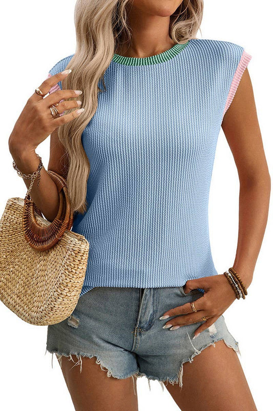 CWTBLSL0961_COLORBLOCK TWIST SEAM SLEEVELESS CREW NECK TANK