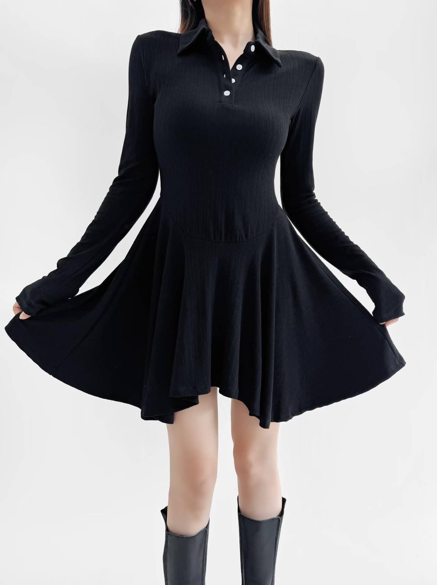 College style retro solid-color Polo lapel dress