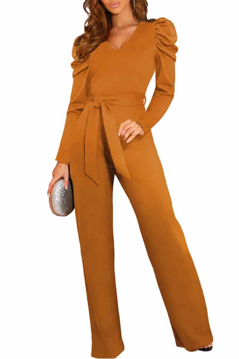 CWSJS1098_V-NECK LONG SLEEVED WAIST ONE-PIECE PANTS