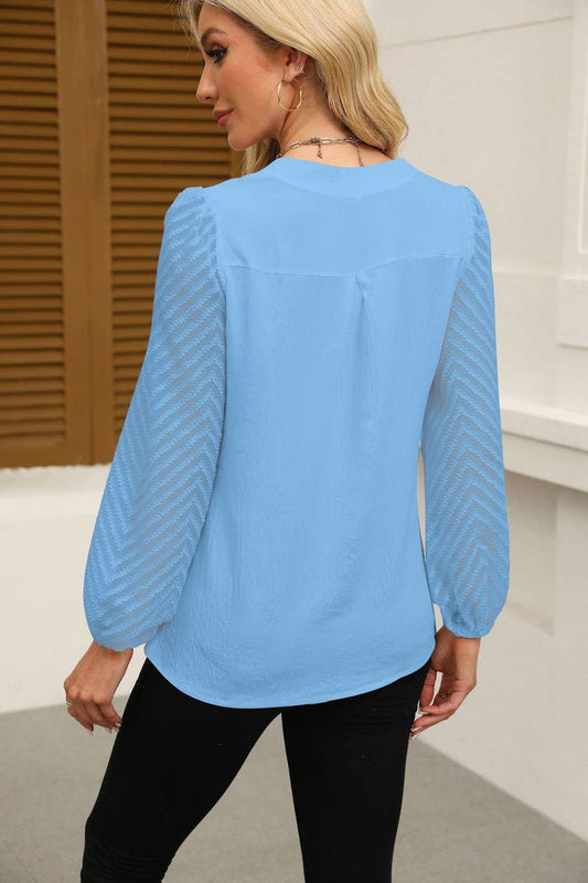 CWTBLL3999_SOLID V-NECK LACE PANEL CHIFFON BLOUSE