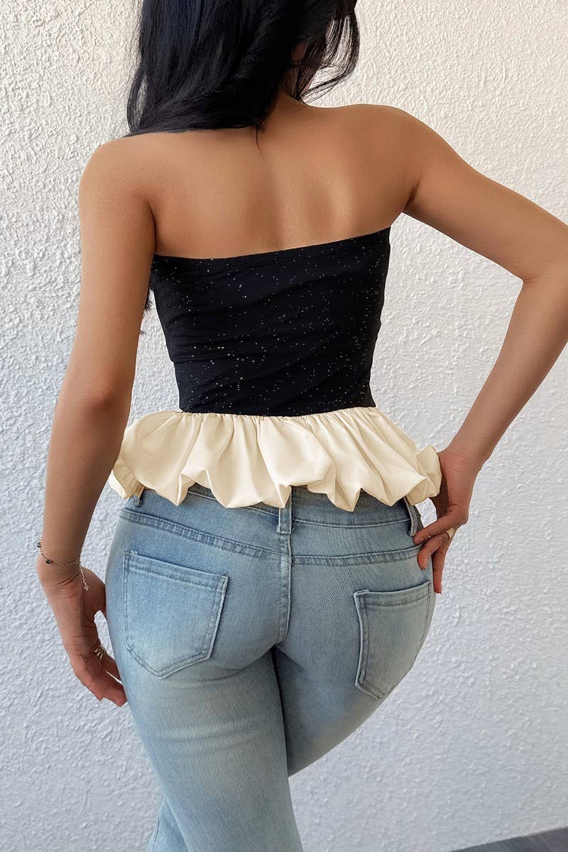 CWTTT0067_CLASSIC BLACK WHITE COLORBLOCK STRAPLESS TOP