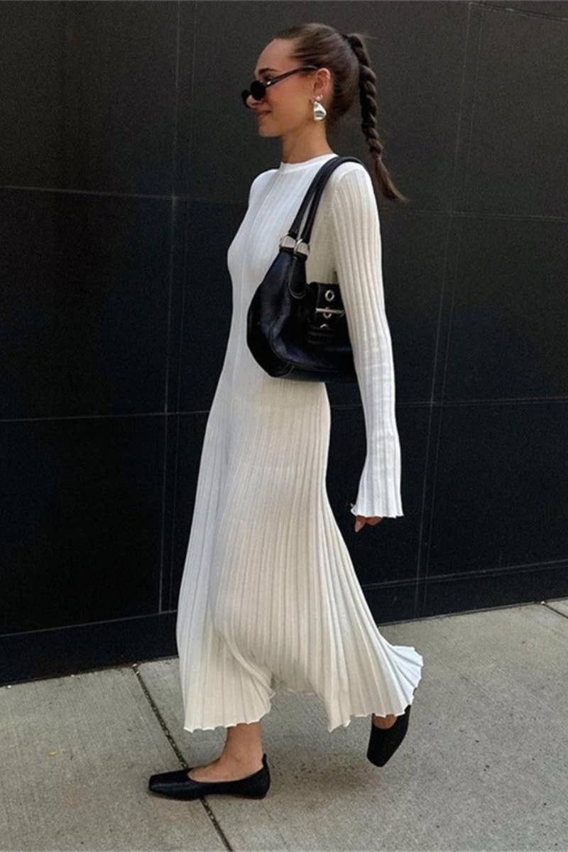 CWDMD3751_SOLID COLOR SLIM LONG-SLEEVED SWEATER DRESS LONG