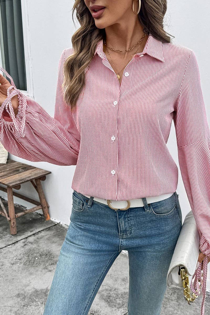 CWTSTL00964_STRIPED PATCHWORK LANTERN SLEEVE BLOUSE