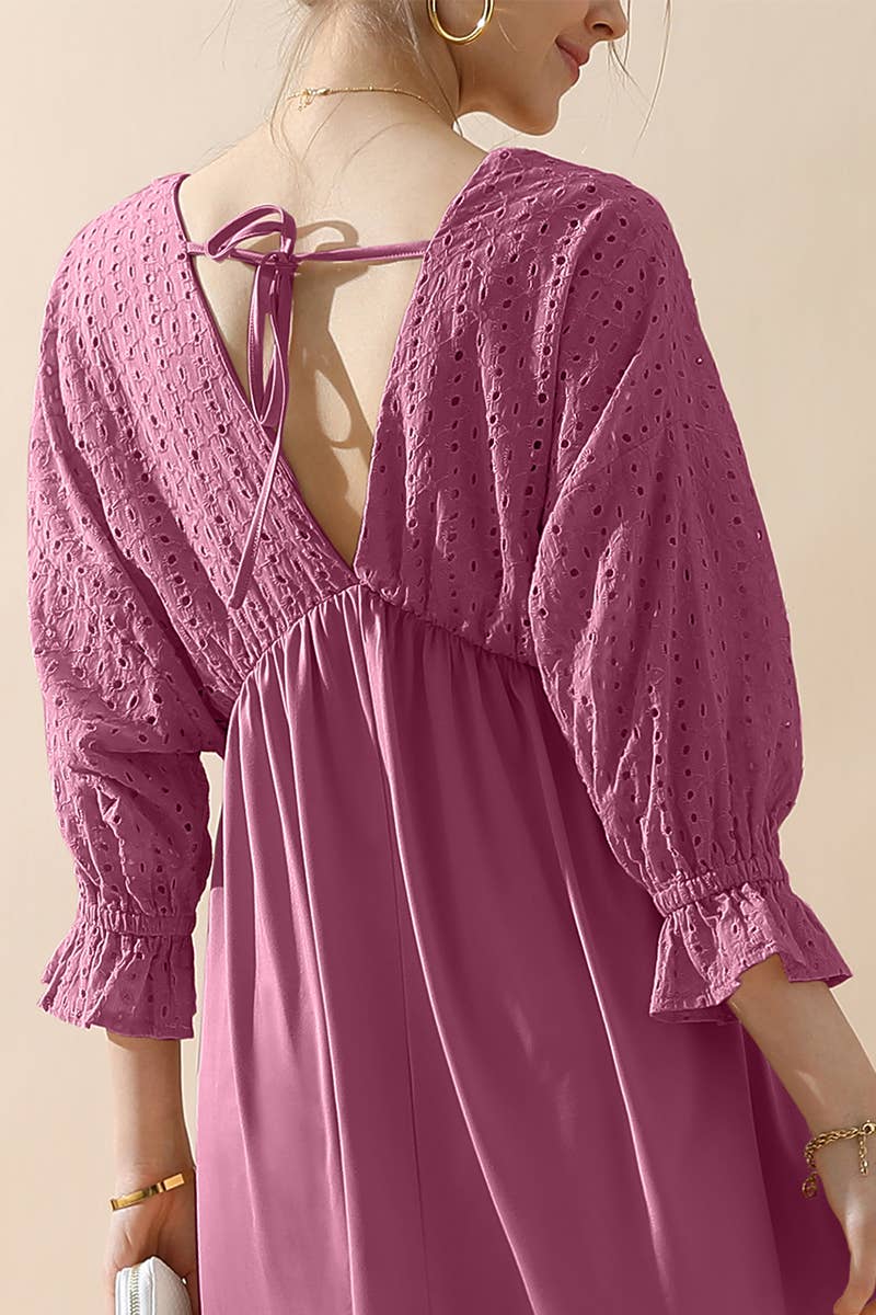 CWDMD795_3/4 SLEEVE V NECK LONG DRESS